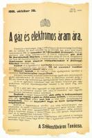 1918 A gáz és elektromos áram ára, Budapest Székesfőváros Tanácsának hirdetménye, 1918. okt. 29., hajtva, kisebb sérülésekkel, 47x31 cm