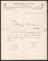 1905 Bp., a Józsefvárosi Kaszinó értesítő levele tagfelvételről, Kétly Károly (1839-1927) orvos, belgyógyász, egyetemi tanár, elnök aláírásával, vízjeles papíron. Hajtva, kisebb szakadásokkal.