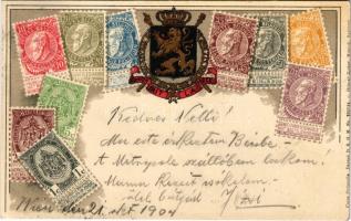 1904 Belgium. Set of Belgian stamps and coat of arms. Ottmar Zieher Carte Philatelie