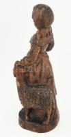 Lány báránnyal. I.J. jelzéssel, faragott fa, kopással, m: 35,5 cm