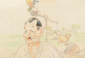 Zászlós I jelzéssel: Politikai karikatúra, 1957. Ceruza, akvarell, papír, 32,5x53 cm. Üvegezett fake...