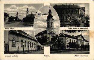 1939 Monor, Állami elmei iskola, Református templom, Iparosok székháza, Hősök szobra, Fő tér