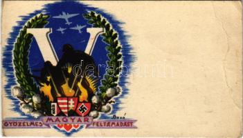 Győzelmes magyar feltámadást! / WWII Hungarian irredenta propaganda with swastika, mini greeting card (12 cm x 7 cm) s: Bozó (non PC) (EB)