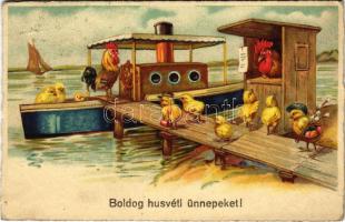 Boldog húsvéti ünnepeket / Easter greeting art postcard with chicken and steamship (EK)