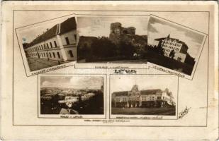 Léva, Levice; Kasaren, Hrad, Vc. Ustav, Pohled, Mestsky hotel / kaszárnya, várrom, tanítóképző, látkép zsinagógával, Városi szálloda. Dobroviczky János kiadása / military barracks, castle ruins, teachers' training institute, general view with synagogue, hotel. Foto Nagy + "1938 Léva visszatért" So. Stpl. (EK)