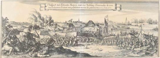 Prospect deß Eylands Shepey, und der Vestung Shirenasse, so von den Holländern Erobert und geplündert worden ist, geschehen den 20. u. 21. Junij 1667. Rézmetszet, papír. Merian, "Theatrum Europaeum". Kisebb sérüléssel. Üvegezett fakeretben. 15x37 cm