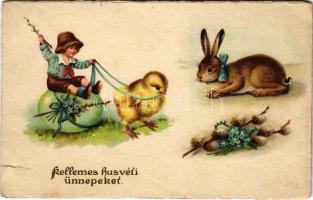 Kellemes húsvéti ünnepeket! csibe fogat / Easter greeting, chicken cart. litho (szakadás / tear)