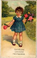 1941 Szívélyes üdvözlet névnapjára. Kislány virácsokorral / Name Day greeting, girl with flowers. B. Co. B. 9882/2. litho (fl)