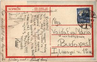 1932 Sopron, Vásár a Várostorony körül, piac, üzletek, művészlap. Röttig-Romwalter nyomda (EK)