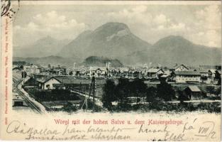 1904 Wörgl (Tirol), mit der hohen Salve u. dem Kaisergebirge / general view with mountains and railway station (EK)