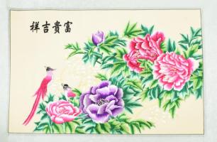 Kínai selyemkép, madár és virág ábrázolással, 55x78 cm