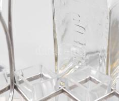 6 darab antik pálinkás pohár, többféle, fém tartóban + HOBE üveg, beletéve egy üvegdugó, sérülésekke...