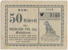 Miskolc ~1920. "Weidlich Pál cég Miskolczon" 20 fértékű bón, "WP" perforációval, "9300" sorszámmal T:F