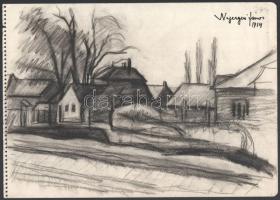 Nyergesi János (1895-1982): Utcarészlet, 1914. Szén, papír, jelzett. Lapszéli apró sérüléssel, 24x34 cm.