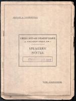 1923 Liberal Open-Air Speakers League Speakers notes. Friday 18 May 1923. Angol nyelven. Szakadozott borítóval.