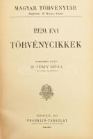 1920. évi törvénycikkek. Jegyzetekkel ellátta: Dr. Térfy Gyula. Magyar Törvénytár. Bp., 1921, Franklin. Kiadói félvászon kötés, kopottas állapotban.