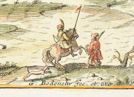 1720 Tokaj város rézmetszetű színezett látképe Megjelent: Bodenehr, Gabriel: Das durch den Römischen...