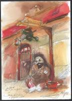 ZéKovács József (Zé Kovács Jozsef, 1951-): Don Quichote (...) a fogadóban, Sancho kint étkezik a fogadó előtt, 2021. Akvarell, tus, papír, jelzett, 35×25 cm