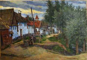 Hernádi Handmann Adolf (1873-1944): Erdélyi utca kék házakkal. Olaj, vászon, jelezve jobbra lent. Javított. 87x127 cm