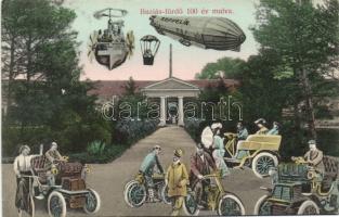 Buziásfürdő in the future with zeppelin, automobiles, helicopter and motorbikes