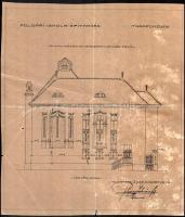 1913 Polgári iskola építkezés Tiszafüreden, oldalnézet az igazgató lakása felől, tervrajz, 1 : 100, terv.: Polgáry István műépítész, Bp., kisebb szakadásokkal, foltos, 34x30 cm