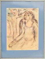 Czóbel jelzéssel: Hölgy a kertben. Vegyes technika, papír. Dekoratív, üvegezett, kissé sérült fakeretben. 43,5x33,5 cm