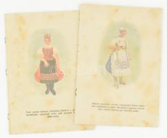 cca 1940 Magyar népviseleteket bemutató színes nyomatok, össz. 12 képpel (két részben), a képek előtt feliratozott hártyapapírral, kissé foltos, borító nélkül, 24x17 cm