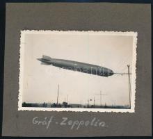 1931 A Graf Zeppelin léghajó Csepelnél, fotó kartonon, felirattal, 6×8,5 cm