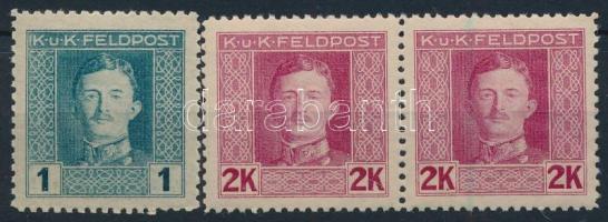 K.u.K. Feldpost 1917 IV. Károly 1K és 2K pár ritka 11 1/2 fogazással, 1K magasabbra fogazva, alul foghiba / perf faults (17.800)