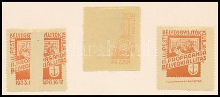 1933 3 db Újpesti Bélyeggyűjtők Klubja II. Propaganda Bélyegkiállítás emlékív nyomdai érdekességekkel