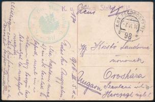 1916 Tábori posta képeslap "K.u.k. Div. Mun. Staffel 1/18" + "FP 98 b"