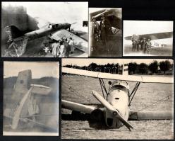 cca 1920-1940 Vegyes különféle repülőgép fotó, 5 db, az egyik hátoldalán: &quot;Hős honvédeink szovjetharctéri/Lelőtt szovjet bombázó/1941 szeptember 4.&quot;, 13x18 cm és 5x8 cm közötti méretben