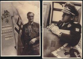 cca 1939-1945 II. világháborús német katonai propaganda fotók, 4 db, közte: Heinz-Wolfgang Schnaufer (1922-1950) és Hermann Graf (1912-1988) Luftwaffe pilóták, Dornier Do 317 bombázó repülőgép, a hátoldalakon bélyegzésekkel (Oberkommando der Wehrmacht), 14x9 cm