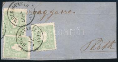 1858 3 x 3kr zöld, nagy levéldarabon HOLD.M.VÁSÁRHELY- Pesth