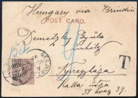 India 1899 Tengeri posta képeslap Bombayból via Brindisi Nyíregyházára, portózva