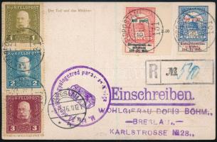 1916 Ajánlott képeslap a németországi Breslauba Hadi segély és K.u.k. Feldpost bélyegekkel M. kir. 33. népfelkelő gyalogezred parancsnoksága + FP 131