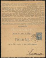 1889 Díjjegyes zárt táviratlap belül Színes számú 10kr pár (kopott, hiányos nyomat) bérmentesítéssel TURZOVKA - CSACZA - Párkány