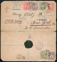 1886 5kr díjjegyes boríték 5 bélyeges Színes számú díjkiegészítéssel, ajánlott levélként Kassáról New Yorkba. Rendkívül dekoratív darab!!