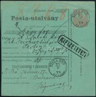 1874 5kr díjjegyes Posta-utalvány TISZA-BEŐ HEVES M. (Gudlin 400 pont)