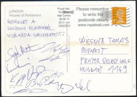 2012 Londoni Olimpia magyar vízilabda-válogatott tagjainak aláírása egy Wiesner Tamásnak címzett képeslapon