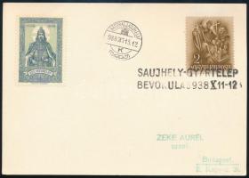 1938 Levelezőlap "SAUJHELY-GYÁRTELEP BEVONULÁS" gumi bélyegzéssel