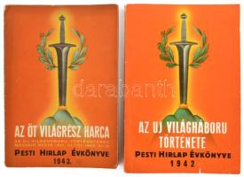 1942-1943 A Pesti Hírlap 2 db évkönyve: 1942.: Az új világháború története; 1943.: Az öt világrész harca. Bp., Pesti Hírlap Rt. (Légrády-ny.), 160 p.; 80 p. Fekete-fehér fotókkal. Kiadói papírkötés.