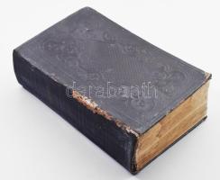 Szent Biblia, Pest, 1857. Heckenast Gusztáv kiadása (Károli Gáspár fordítása) sérült, vaknyomott egészvőr kötésben, kötéstábla félig elvált.