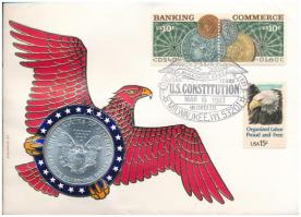 Amerikai Egyesült Államok 1986. 1$ Ag érmés borítékban T:UNC kis patina  USA 1986. 1 Dollar Ag in envelope with stamps and cancellations C:UNC small patina  Krause KM#273