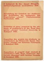 A budapesti M. Kir. József Műegyetem építészhallgatóinak tervkiállítása, 1930. Bp.), 1930. (M. Kir. József Műegyetem Mech. Techn. Intézet nyomdája). 17 + [1] p. + 24 t. (ebből egy színes, 23 két oldalas) + [2] p. Egyetlen kiadás Magyar-német-angol-francia-olasz ötnyelvű kiadvány. Az első oldalakon a Műegyetem tanrendjének ismertetése, a szintén öt nyelven feliratozott két oldalas táblákon pedig az egyes építésztanárok sorrendjében a hallgatók modern középület-tervei: pályaudvarok, sportlétesítmények, fürdőépületek, szanatóriumok, városházák, banképületek, templomok, bérházak látképei. (Különlenyomat a ,,Technika" 1930. évi XI. évfolyamának 7. számából.) Fűzve, enyhén sérült kiadói borítóban,