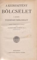 Zborovszky Ferenc:  A keresztény bölcselet. I-II. kötet [Teljes, egybekötve.]  I. kötet: Természetbölcselet. Donat Cosmológiája nyomán. II. kötet: Pszichologia. Donat Pszichologiája nyomán.  Budapest, (1928)-1932. Szent István-Társulat - Korda Rt. (Stephaneum Nyomda Rt. - Korda Rt.) 250 + [2] p.; 230 + [2] p. Egyetlen kiadás.  Zborovszky Ferenc (1888-1955) jezsuita szerzetes, természetrajz-földrajz szakos tanár kétkötetes munkája a katolikus álláspontot dolgozza ki a modern kor természettudományos kihívásaival kapcsolatban, így ismerteti a katolikus választ a világ keletkezése, az einsteini, darwini elméletek kapcsán, a második kötetben pedig kifejti álláspontját a hipnotizmus, a teozófia és a spiritizmus, az okkult jelenségek, az elme, a nyelv, a képzelet működése és a lélek halhatatlansága kapcsán. A második kötetben oldalszámozáson belül gazdag szövegközti illusztrációs anyag.  Aranyozott gerincű korabeli félvászon kötésben, márványmintás festésű lapszélekkel. Jó példány.