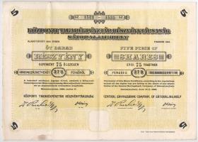 Sátoraljaújhely 1928. "Központi Takarékpénztár Részvénytársaság" öt darab részvénye egyben...