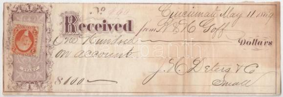 Amerikai Egyesült Államok / Cincinnati 1869. 100$ számla bélyegggel T:F USA / Cincinnati 1869. 100 Dollars bill with stamp C:F