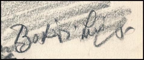 Batári László (1920-1997): Nemesgulácsi hegy. Szén, papír. Jelzett. Batári László autográf ajándékoz...