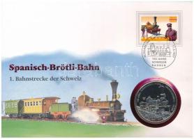 Kuba 1996. 1P Cu-Ni "A svájci vasút 150. évfordulója - Spanischbrötli Bahn" felbélyegzett érmés borítékban, alkalmi bélyegzéssel T:UNC patina Cuba 1996. 1 Peso Cu-Ni "150th Anniversary of the Swiss Railroad - Spanischbrötli Bahn" in envelope with stamp and cancellation C:UNC patina